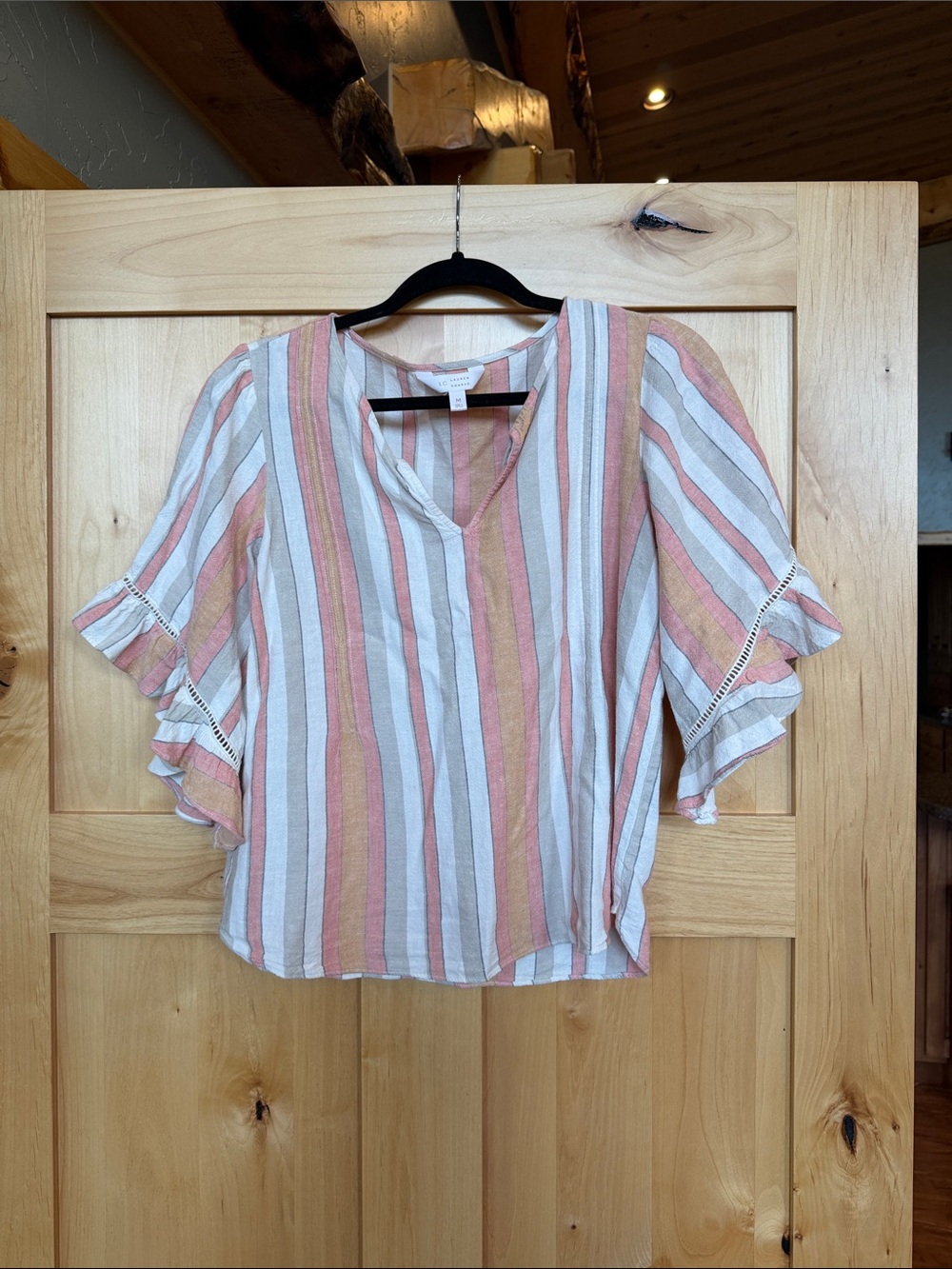 LC Lauren Conrad Linen Blend Striped Ruffle Sleeve Blouse Size M